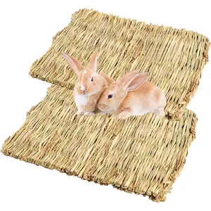 2 Pack Natural Handwoven Grass Mat for Rabbits, Chewable Hay Cooling Bedding Nesting Toy, Eco Friendly Cage Liner for Guinea Pigs Hamsters Chinchillas