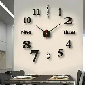 1count Modern Silent Night Glow Digital Wall Clock,Self-Stick Acrylic Mirror Design, Living Roomand Study Decor, Battery Powered, SilentDigital Clocks