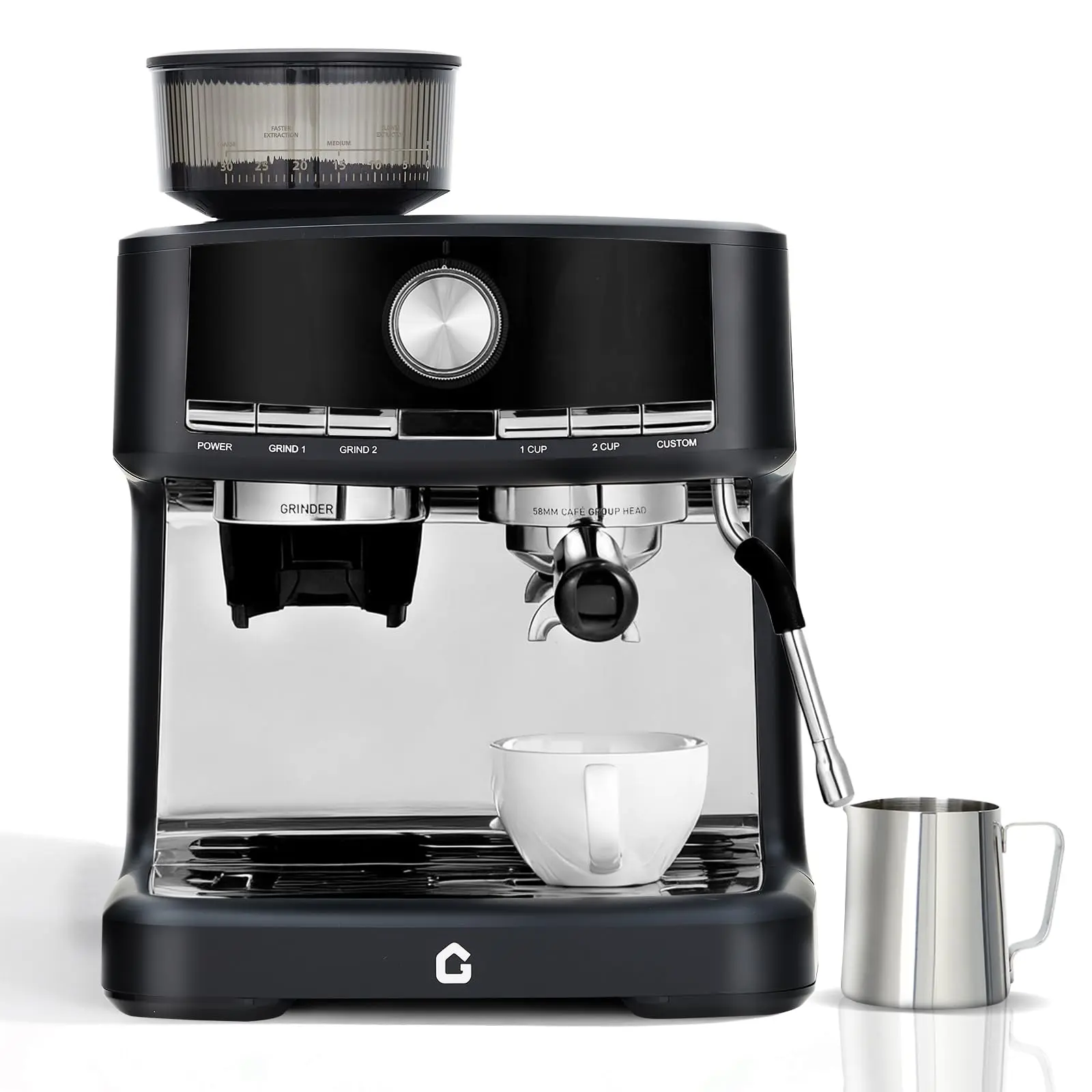 Professional Semi-Automatic 20 Bar Espresso Maker with Built-in Grinder, 30 Grind Settings, Milk Frother Steam Wand, Pressure Gauge, 45oz Removable Water Tank, Hot Water Output and Self-Cleaning System