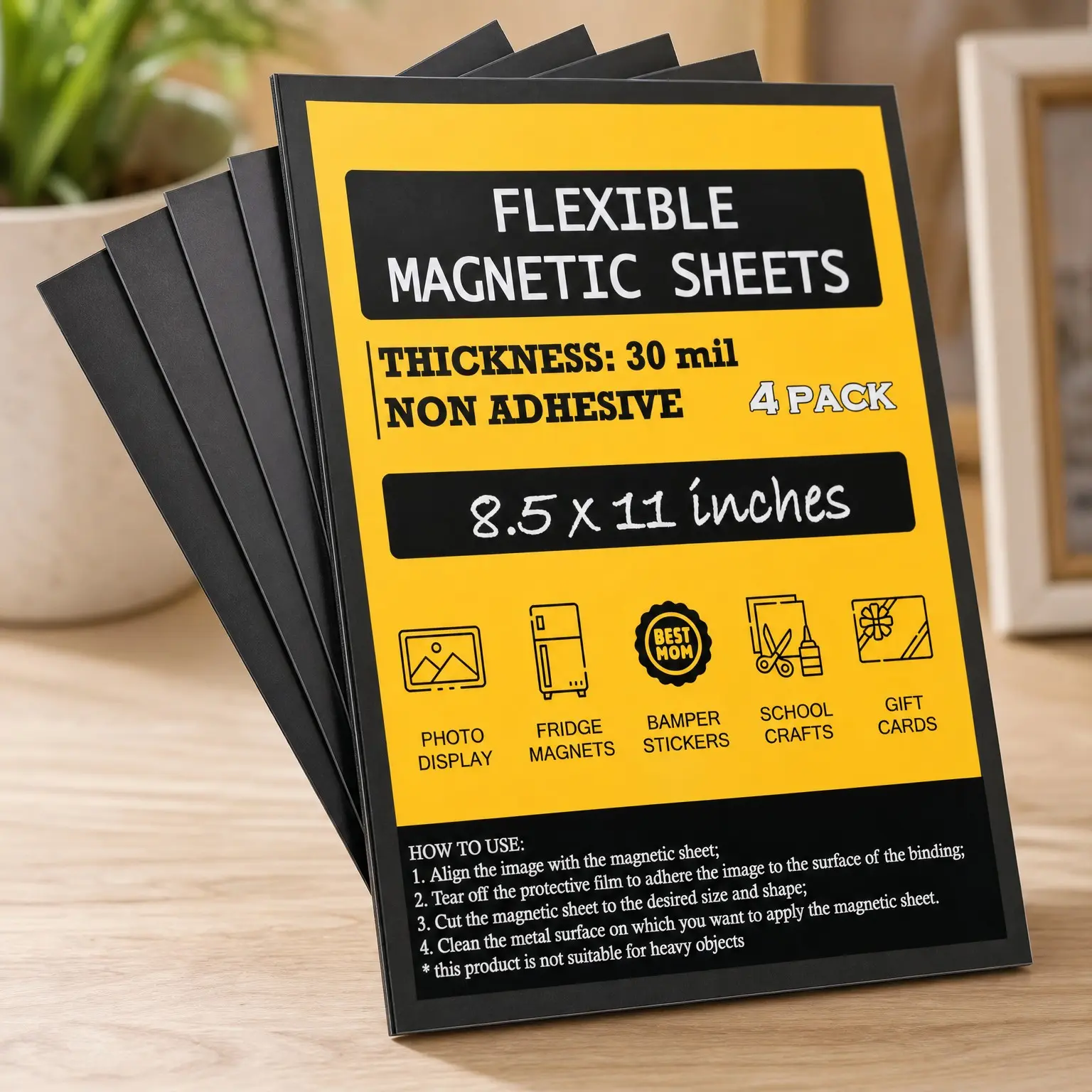8.5 x 11 Inch 30 mil Flexible Magnetic Sheets Non-Adhesive, 4 Pack - Thick Magnet Sheets for Fridge Photos, Crafts, DIY, Sign Making, Dies Storage - US Letter Size