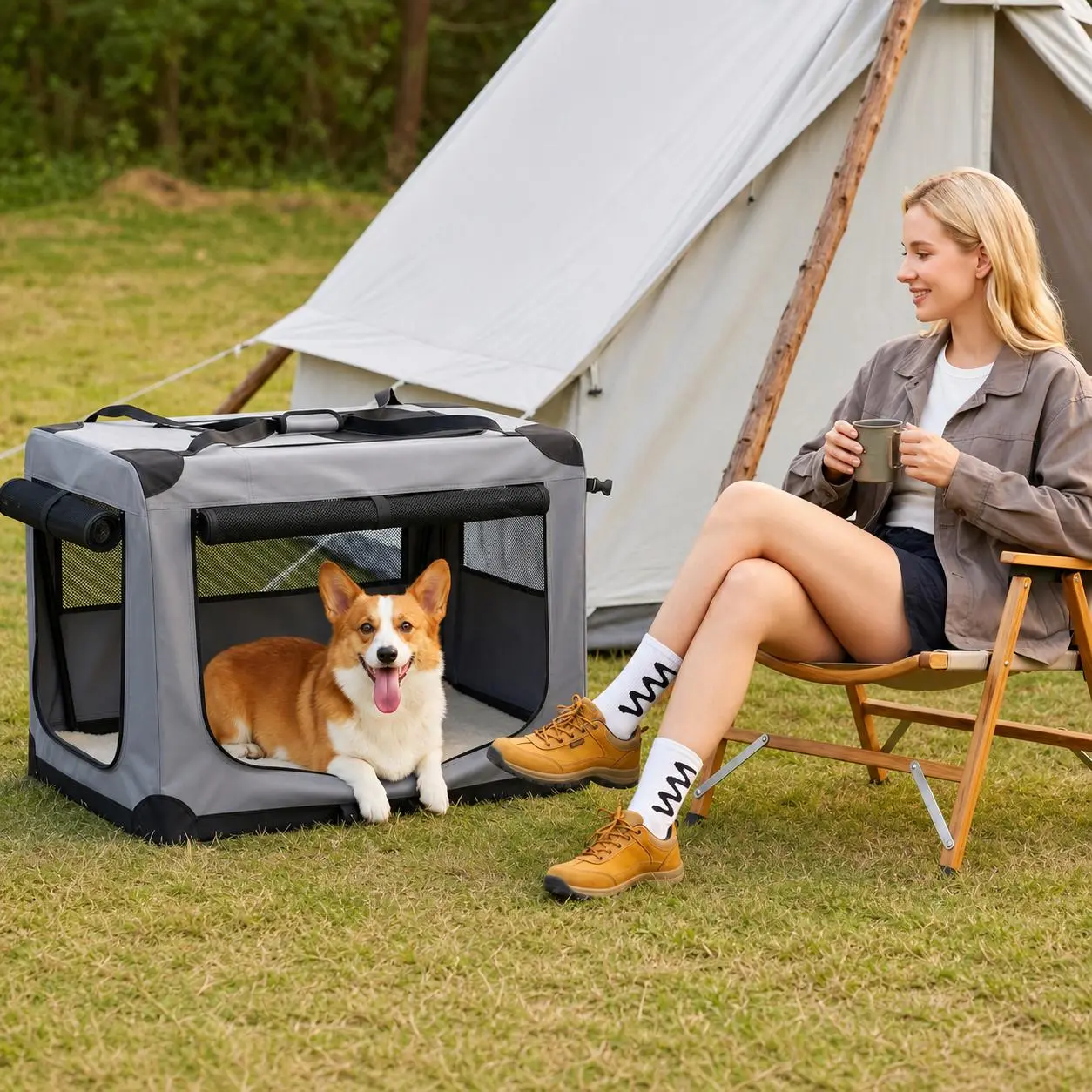 3-Door Soft Dog Crate Collapsible for Large Dogs, Portable Travel Kennel with Fleece Bed, Side Pocket & Safety Zippers