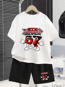 "Six Seven67 Red Brick Pixel Digital Character" printed fashionable and cool short-sleeved and short-pants casual wear. Boys' summer new two-piece set. Suitable for school and daily wear.