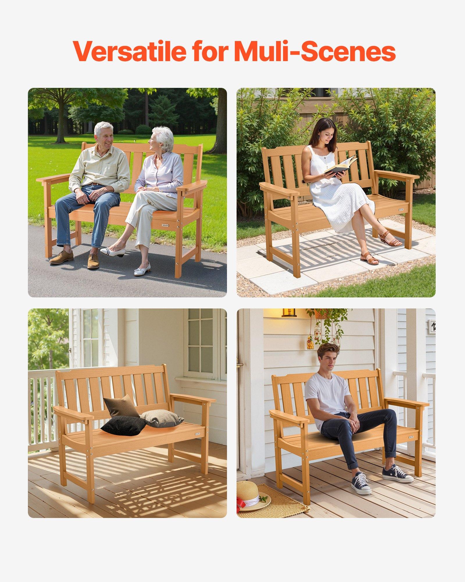 VEVOR Outdoor Bench, 50.5 inch, 800 lbs Weight Capacity for 2-3 Persons, Weatherproof Plastic Frame with Backrest and Wide Armrests, Outside Bench for Patio, Garden, Park, Yard, Natural Wood Color