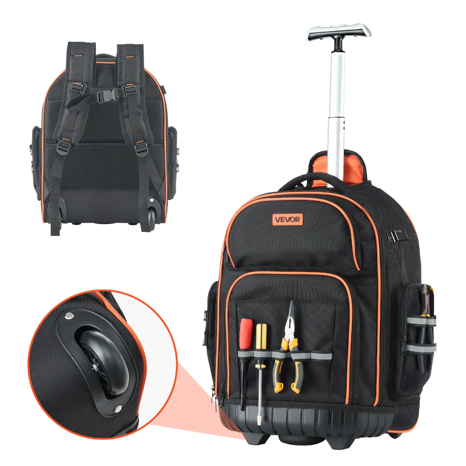 VEVOR Heavy-Duty Rolling Tool Backpack Tool Organizer, 110lb Load Capacity, 45 Pockets, Adjustable Telescopic Handle, Stable Base, Oxford Cloth Rolling Pack (17.3x9.8x18.9in) for Mechanics