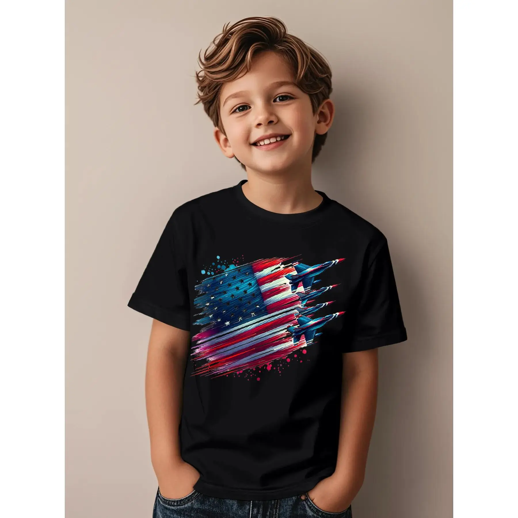 Flying Jets American Flag USA Patriotic 4th of July Novelty Aesthetic Graphic Kid T-Shirt Casual Kid T Shirts Trendy Cool Tops Tees for Kid
