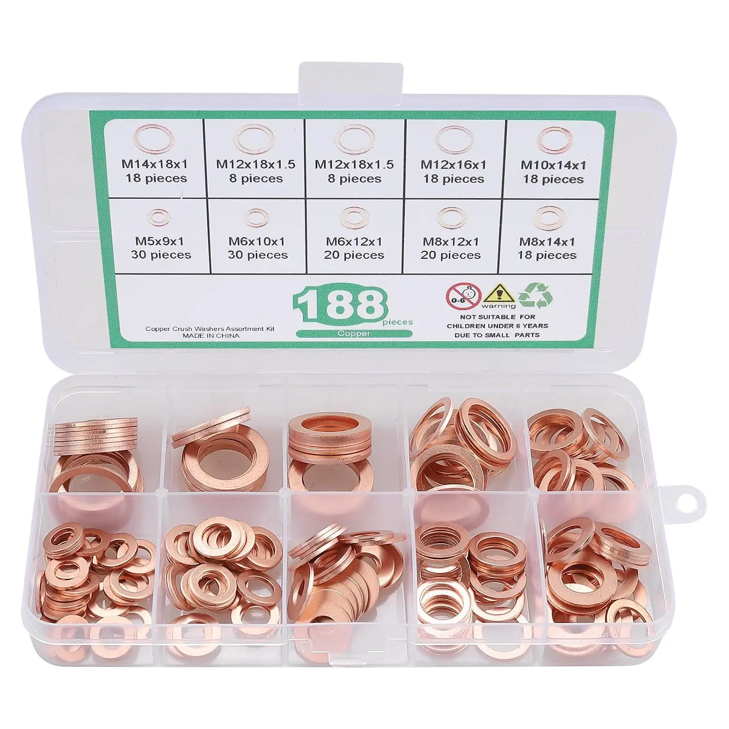 188 count 9 Sizes Metric Copper Crush Washers  Kit Flat Ring Sealing Washer (M5 M6 M8 M10 M12 M14)