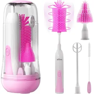 Valentine's Day Electric Bottle Brush Cleaner, Portable Electric Bottle Brush Cleaner for Travel, Rechargable Travel Bottle Cleaner Kit with Nipple & Straw Brush, Mom Essentials After Birth Gift, Pink