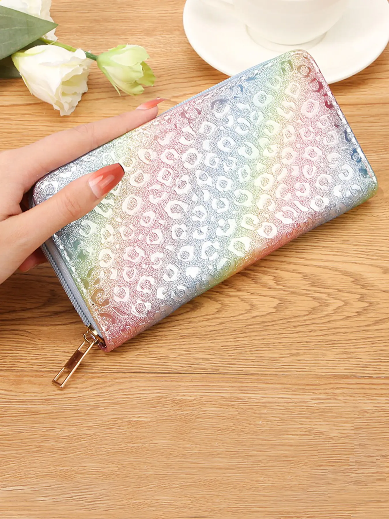 Rainbow Glitter Leopard Print Long Zip Wallet for Women, Shiny Holographic Animal Print Wristlet Clutch Purse, Large Capacity Multi Card Slots Phone Cash Holder