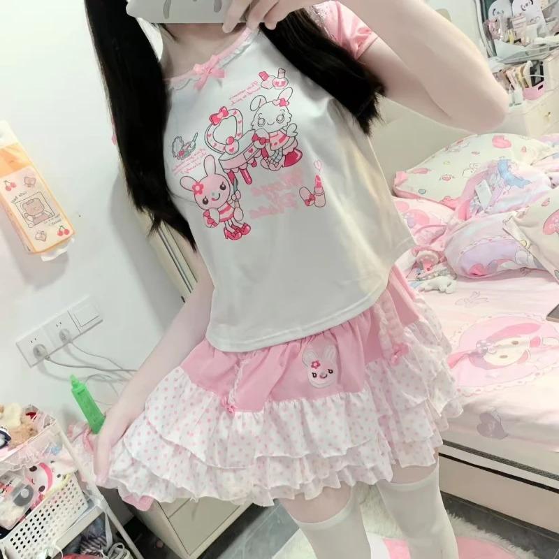 Sweet Japanese Elastic Waist Pink Polka Dot Skirts Kawaii Fashion Patchwork Loose Short Skirt Women's Design Bow Lovely Outfits