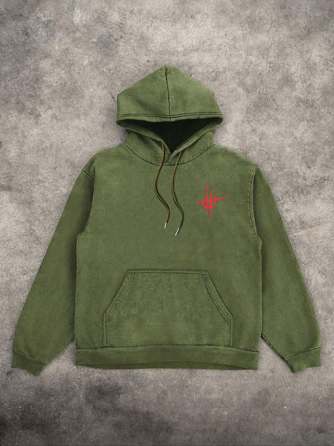 Men's Street Style Graphic Print Washed Distressed Drawstring Hoodie, Casual Comfy Long Sleeve Kangaroo Pocket Design Hooded Sweatshirt for Daily Wear