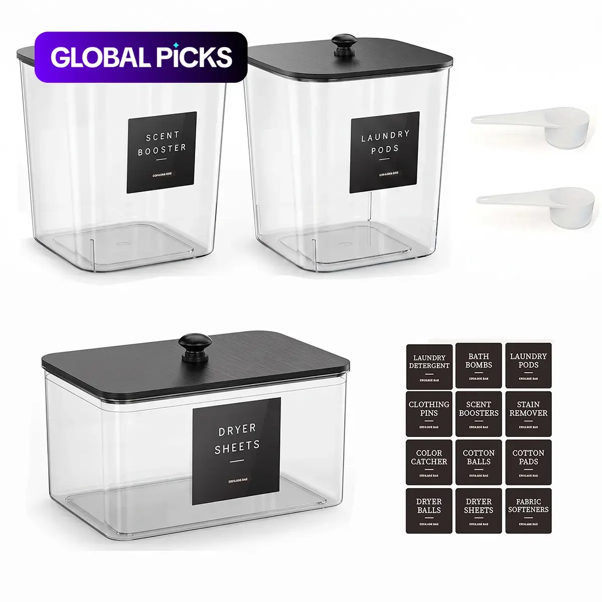 3 Pack Laundry Room Storage Containers, Clear Acrylic Storage Bins with Black Lids and Labels for Laundry Pods or Detergent Powder #GLOBAL PICKS