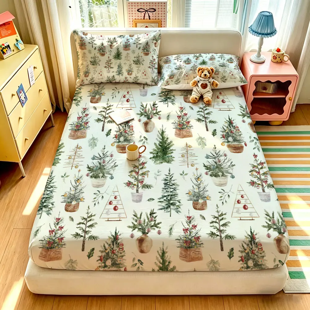 (1 fitted sheet + 2 pillowcases, no filler),Winter Christmas Pine Tree Pattern,Polyester fitted sheet 3-piece bedding set, machine washable, anti-shrink & anti-deform, durable bedding supplies for bedroom and dormitory