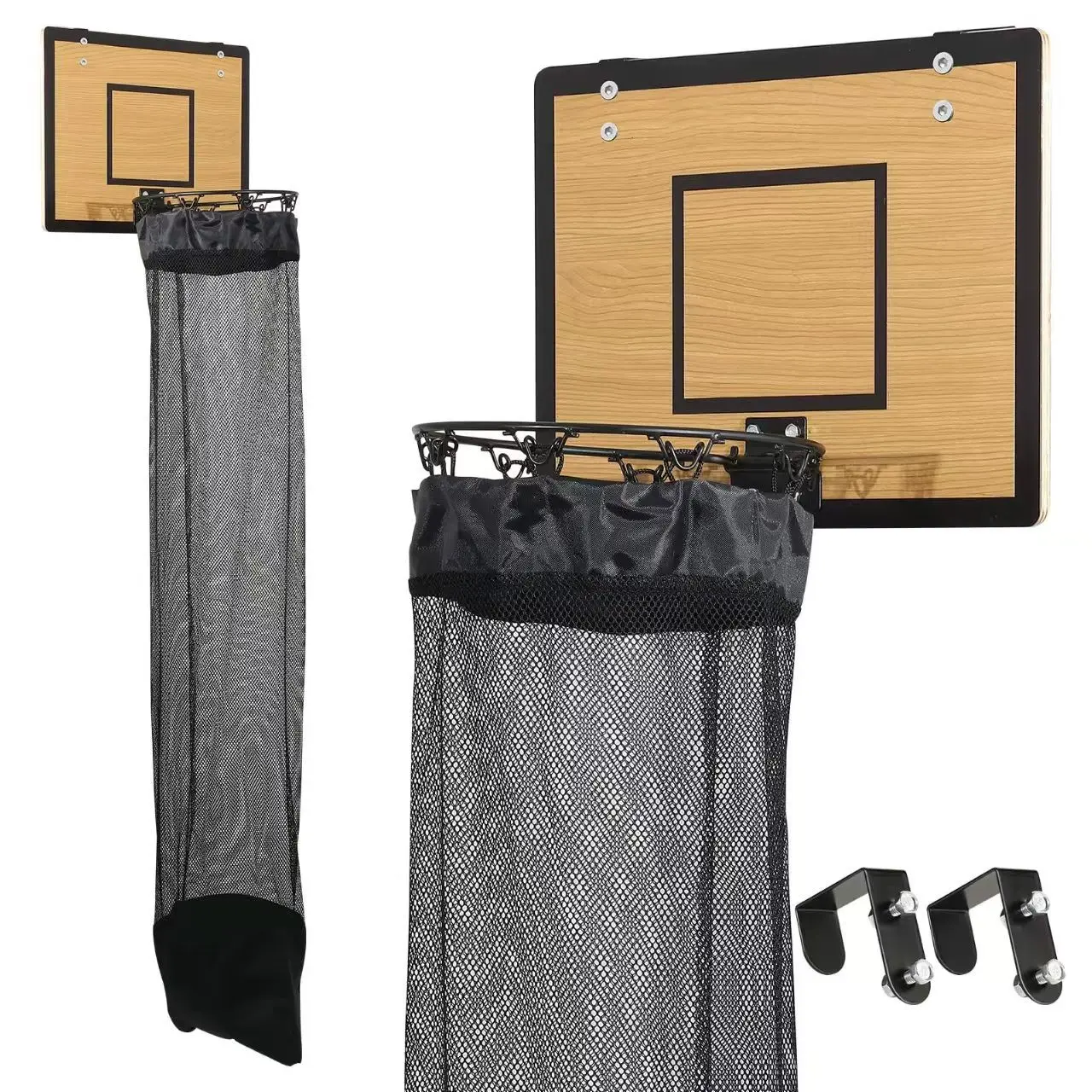 Basketball Frame Wall-Mounted No-Drill Kids Wooden Laundry Basket, Indoor Outdoor Home Use, Durable Design, Easy Installation, Collapsible Basket