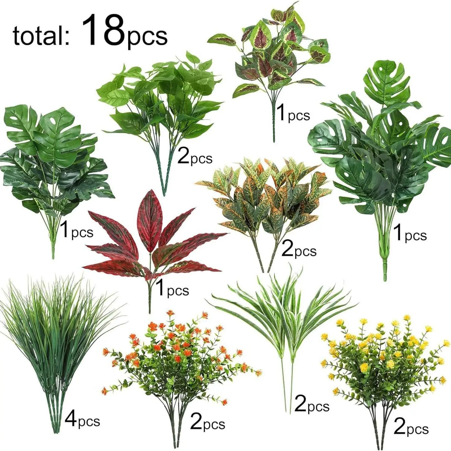 18-Piece UV Resistant Artificial Bushes, Realistic Greenery, Low Maintenance, Fade-Resistant, Ideal for Garden, Porch, Balcony, Indoor Decor