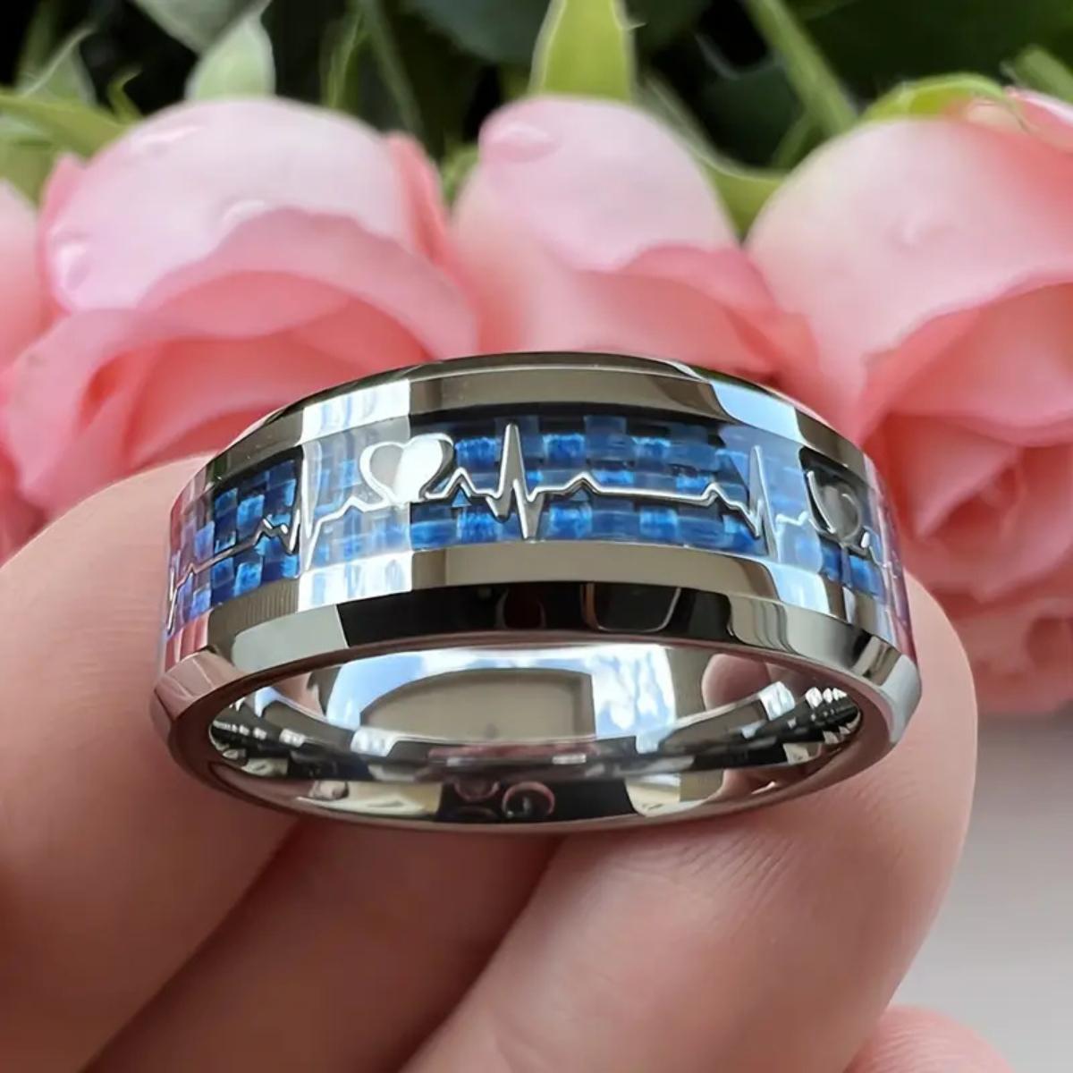 New Fashionable 8mm Stainless Steel Ring, Heartbeat Design with Carbon Fiber - Wedding Party Promise Ring