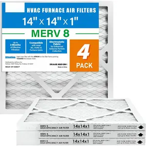 14x14x1 Air Filter MERV 8 4-Pack, Electrostatic Pleated Furnace & AC Filter, Captures Dust, , Pollen, Actual Size: 13.75"x13.75"x0.75"