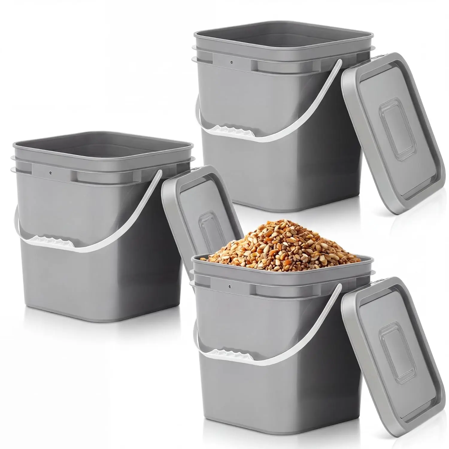 3 count 3.5 Gallon Square  Grade Bucket with Lid Square Bucket Pail Plastic Handles for Long Term  Storage, Camping, Fishing,  Organization Easy Stack and Store (Gray)