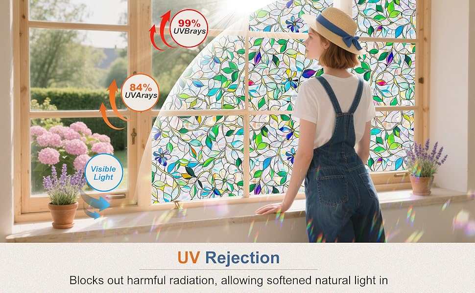 Stained Glass Window Film, Rainbow Privacy, One Way Decorative Tint, Static Cling, Renter Friendly for Home Bathroom Door