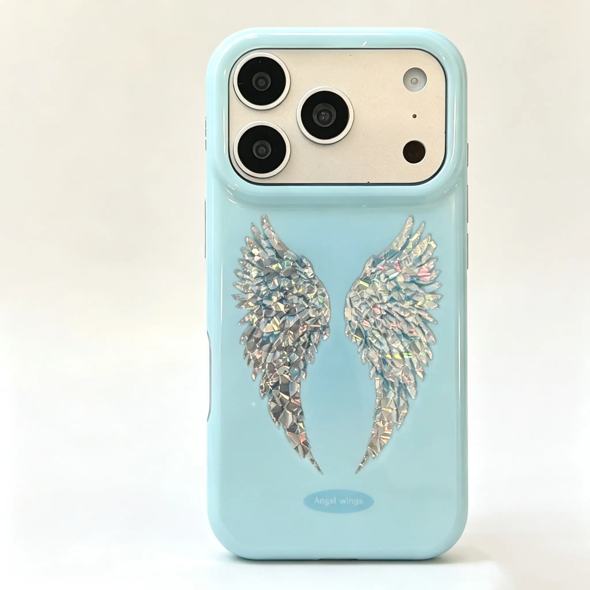 Y2K Soft Blue Iridescent Cracked Foil Angel Wings Phone Case for iPhone 15/16/17 Pro, Glossy Hard PC Cover, Cute Girl Style Fairy Phone Case