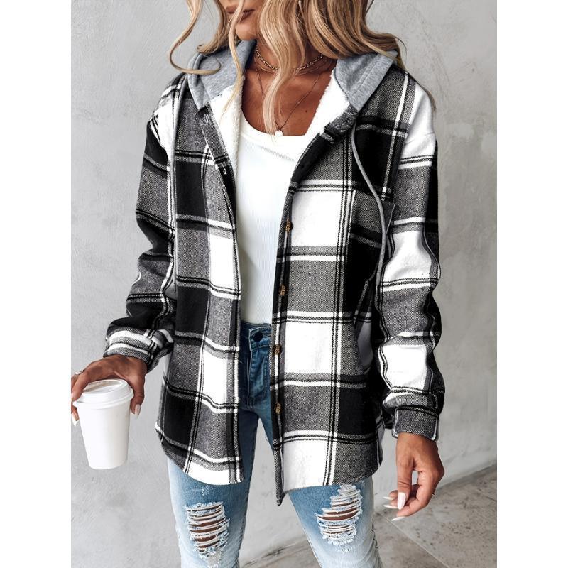 [Plaid Shacket] Warm Plaid Long Sleeve Shacket - Button Fleece Lined Hooded Jackets Coat Fabric Womenswear Polyester Tops..