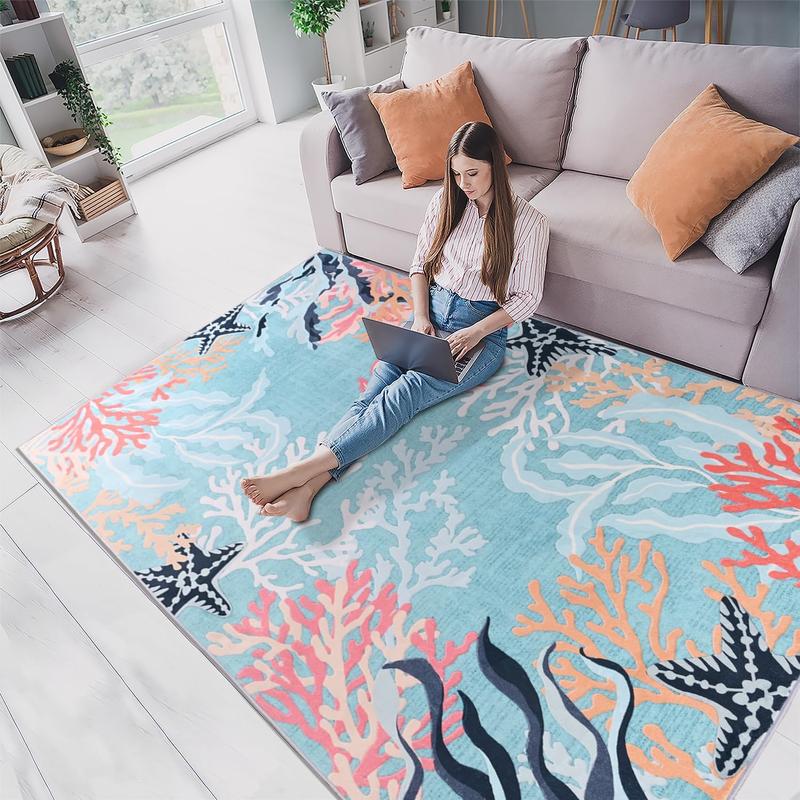 6x9 Feet Washable Ocean Coral Reef Themed Area Rug, Modern Soft Faux Wool Non-Slip & Easy to Clean Carpet, Decorative Rug for Living Room, Bedroom, Hallway, Porch, Patio, Home Decoration,Blue, Beige,4x6,5x8,6x9 Feet
