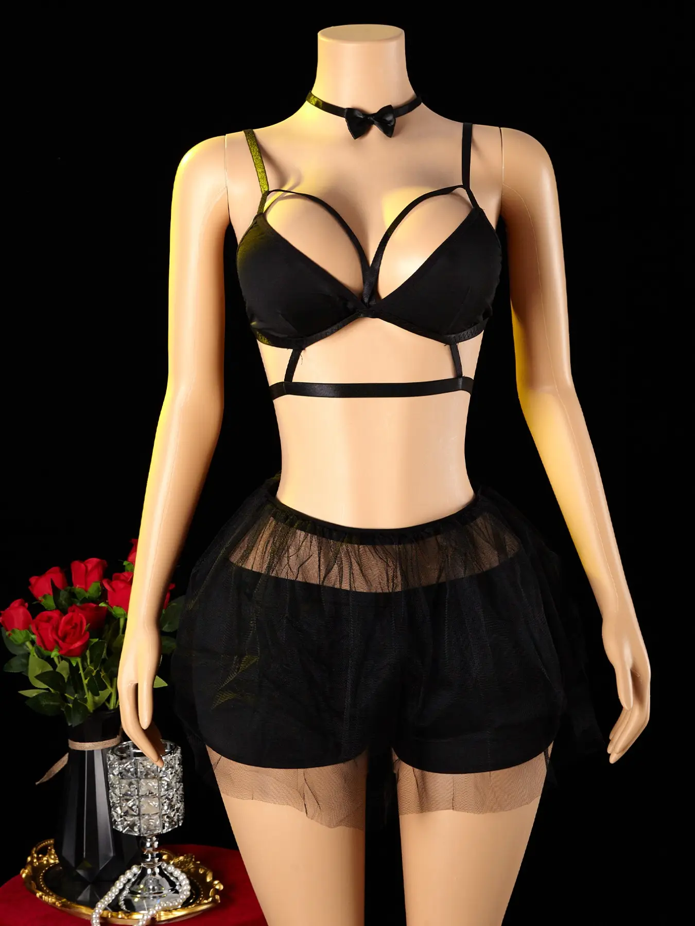 Strap Bra Set with Tutu Skirt, Seductive Three-Piece with Collar, Mesh Dress, Underwear, Perfect for Singles Party, Edm Party, Halloween Costume