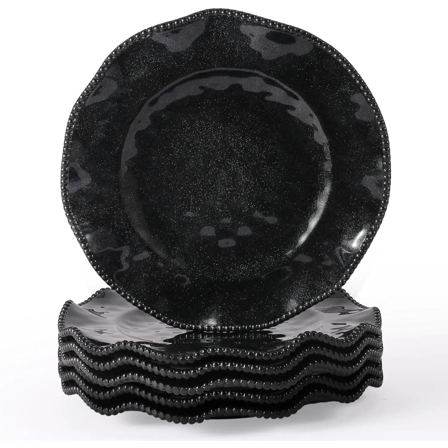 11 Inch Melamine Dinner Plates Set of 6 - Black Thick Heavy Duty Plates with Beaded  &  Flake Finish, Shatterproof Unbreakable Dinnerware for , Outdoor, Parties, Dishwasher Safe