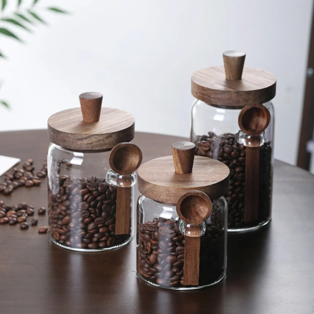 3Pcs Airtight Clear Glass Storage Jars with Wooden Sealing Lids and Matching Scoop Kitchen Dry Food Canister Set for Coffee Beans Flour Sugar Cereal Pantry Food Organization