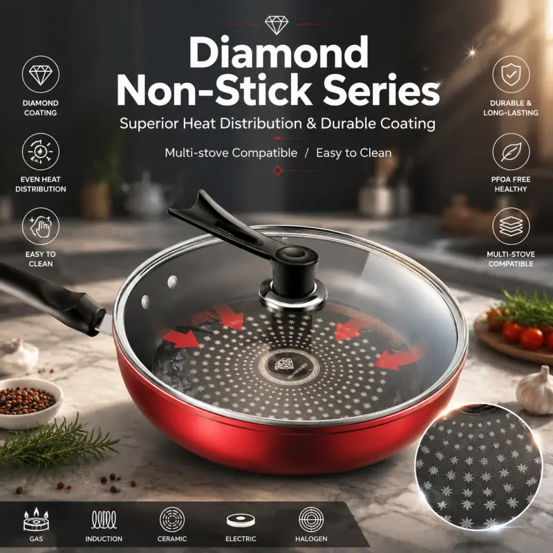 24cm Non-Stick Frying Pan with Glass Lid, High Quality Cookware, durable scratch-resistant coating, allows low-oil cooking and easy cleaning. Compatible with all stoves for a better cooking experience.