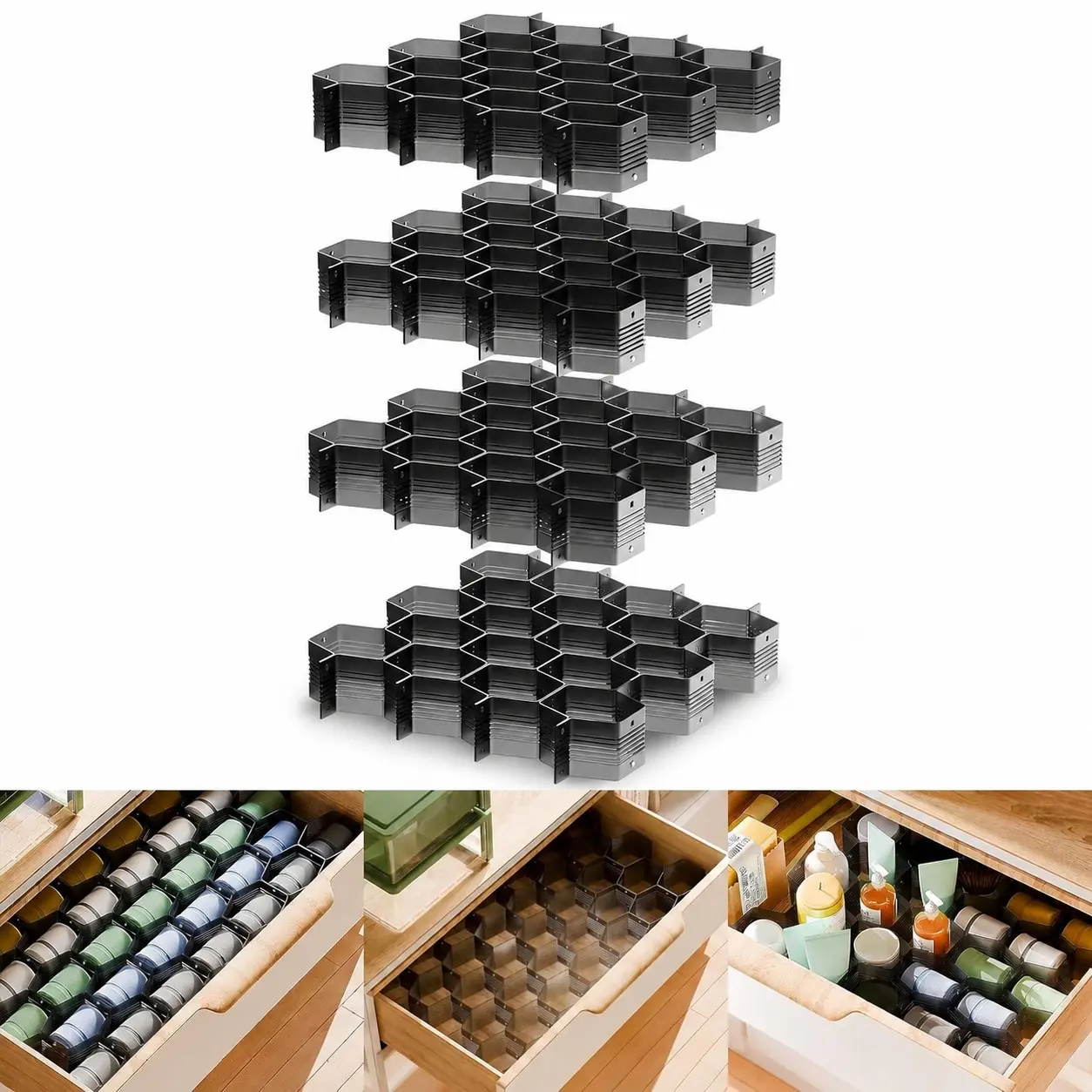 4PCS Drawer Organizers, Black Honeycomb-Style Lingerie Dividers, Ideal for Separating Bras, Socks, Belts, and Leggings