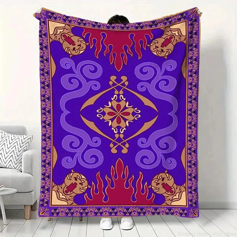 Aladdin Magic Carpet Purple Golden Polyester Flannel Throw Blanket, Soft Cozy Unisex Multi-Size Outdoor Camping Sleeping Gear, Room Decor Home Accessory