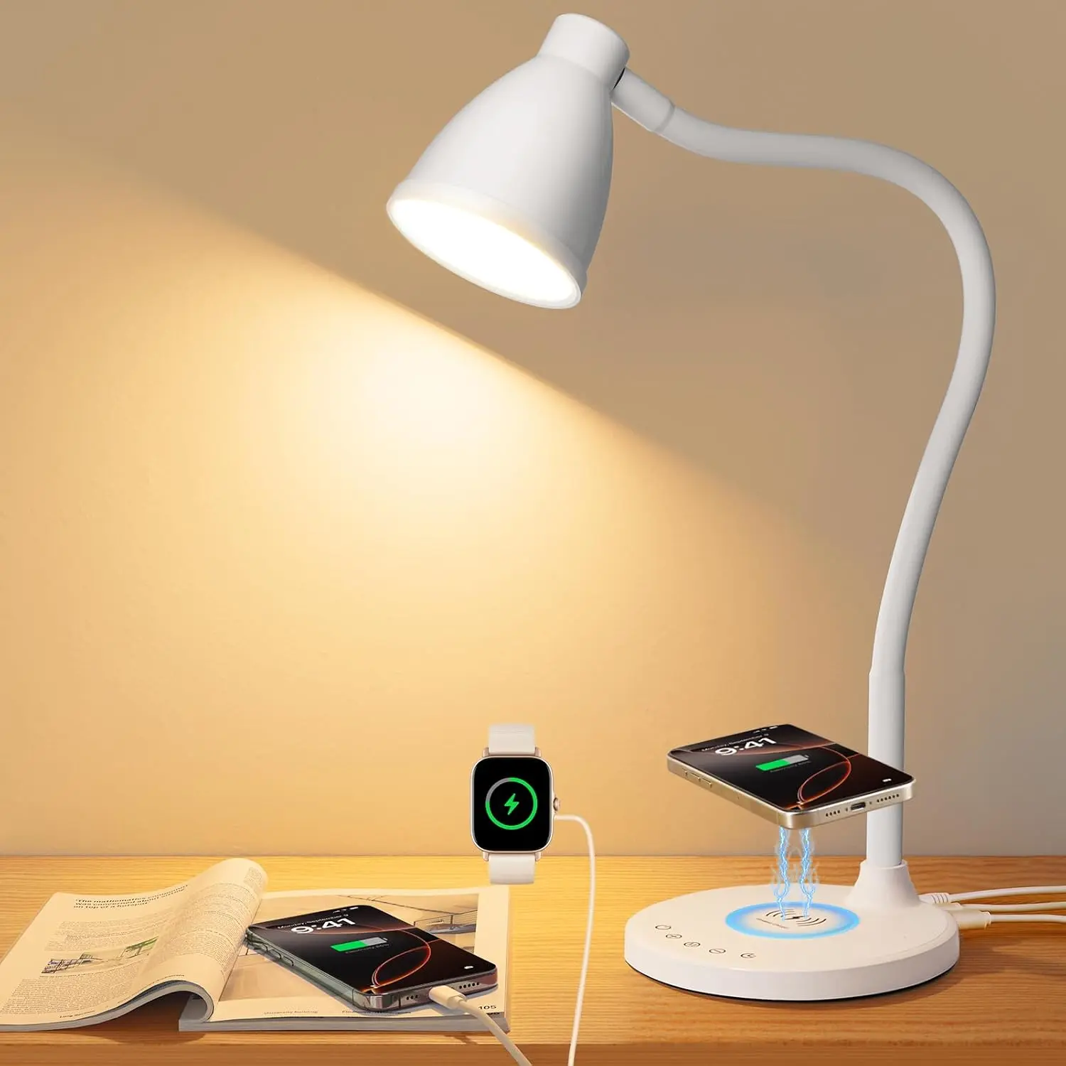 White LED Desk Lamp with Metal Base, USB C+A Charging Ports, Wireless Charger, 5-Color Stepless Dimming, Timer & Touch Control - Home Office, College Dorm Reading Light (LED Lights Included)