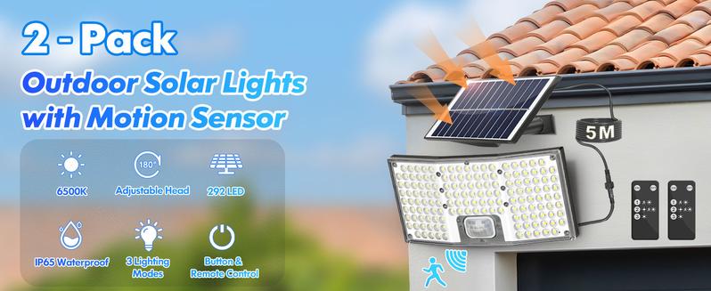 2/4 Packs Solar Outdoor Lights Motion Sensor, 292 LED Solar Flood Lights with Remote, 4000LM Dusk to Dawn Security Lights Separate Panel, 3 Modes/IP65/16.4FT Cable Outside Lighting for Yard Garage