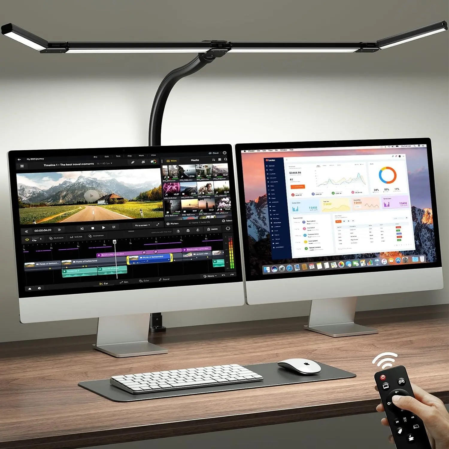 42" LED Desk Lamp with Clamp, Architect Desk Light with Remote, Adjustable 4-Segment Bar, 1800LM Bright, Eye-Caring Desk Lamp for Home Office, Reading, Study, Dual Monitors, Workbench(Black)