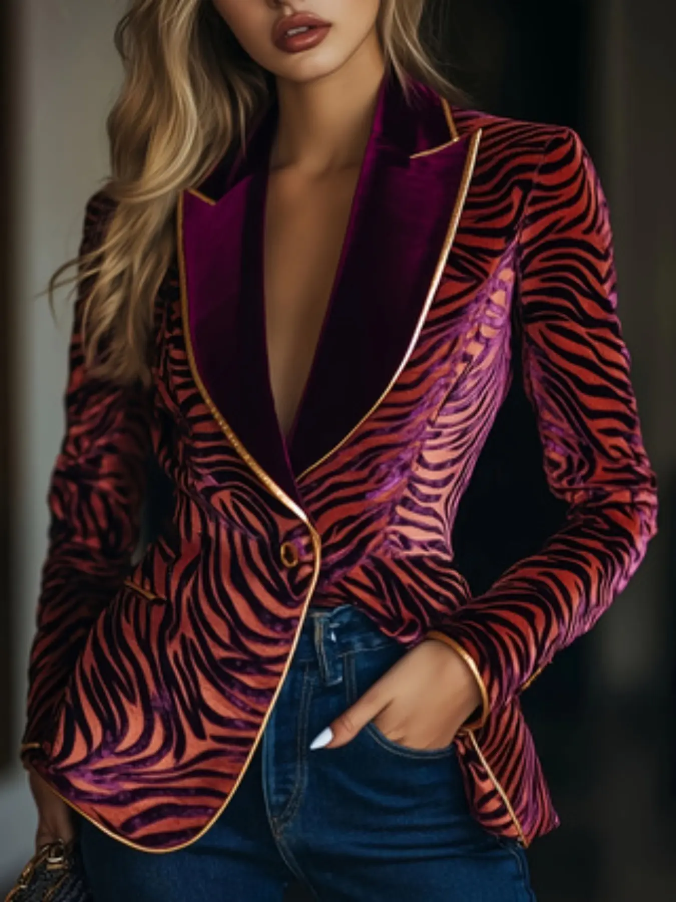 Women's New Zebra Print Lapel Casual Blazer Jacket, Minimalist Slim-Fit Long Sleeve Outerwear, Spring & Fall Fashion, Colorblock Design