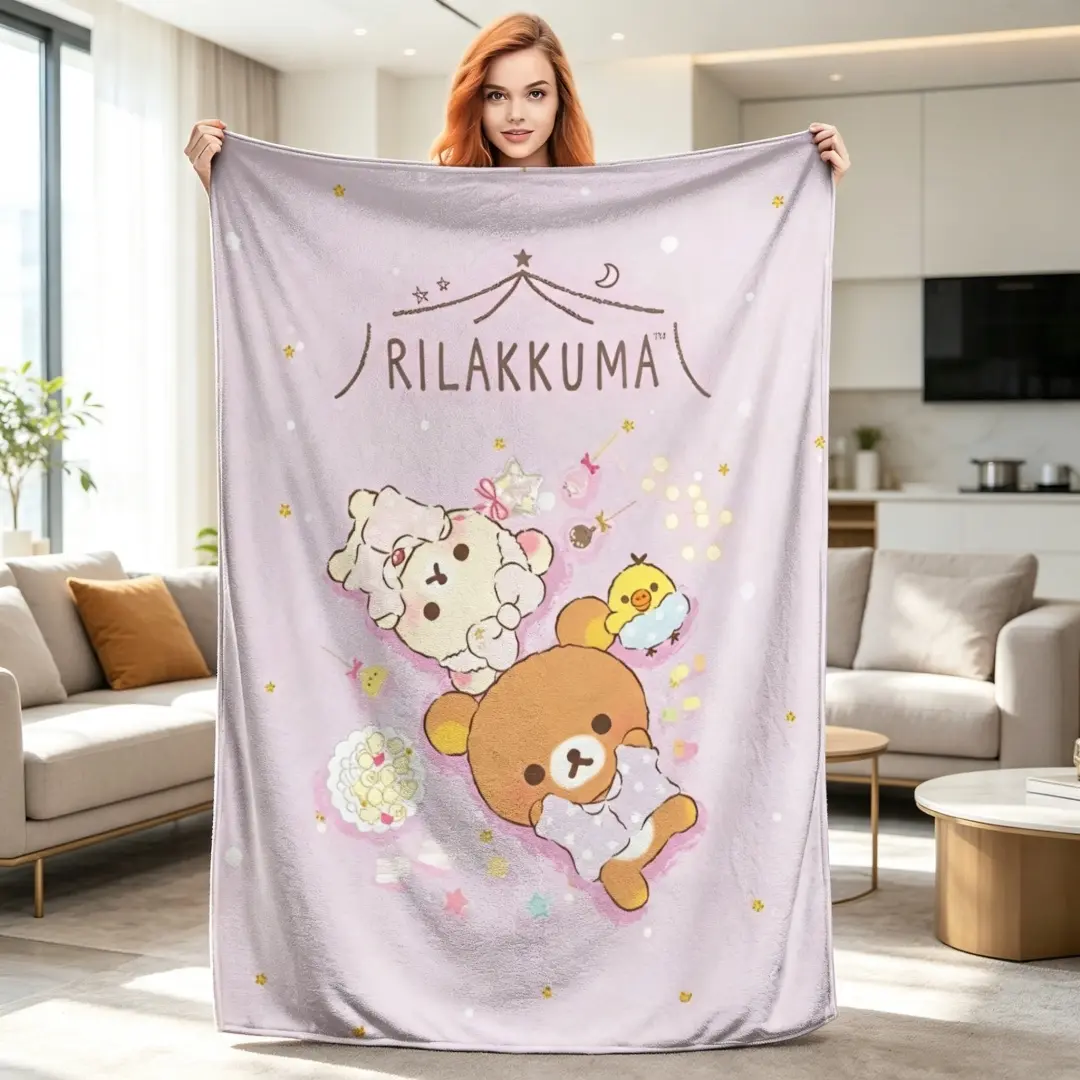 Rilakkuma Cartoon Print Super Soft Anti-Pilling Flannel Throw Blanket - Multi-Size Knitted Throw for Indoor-Outdoor Sofa, Bedroom Use, Ideal Gift for Children, Throw Blankets