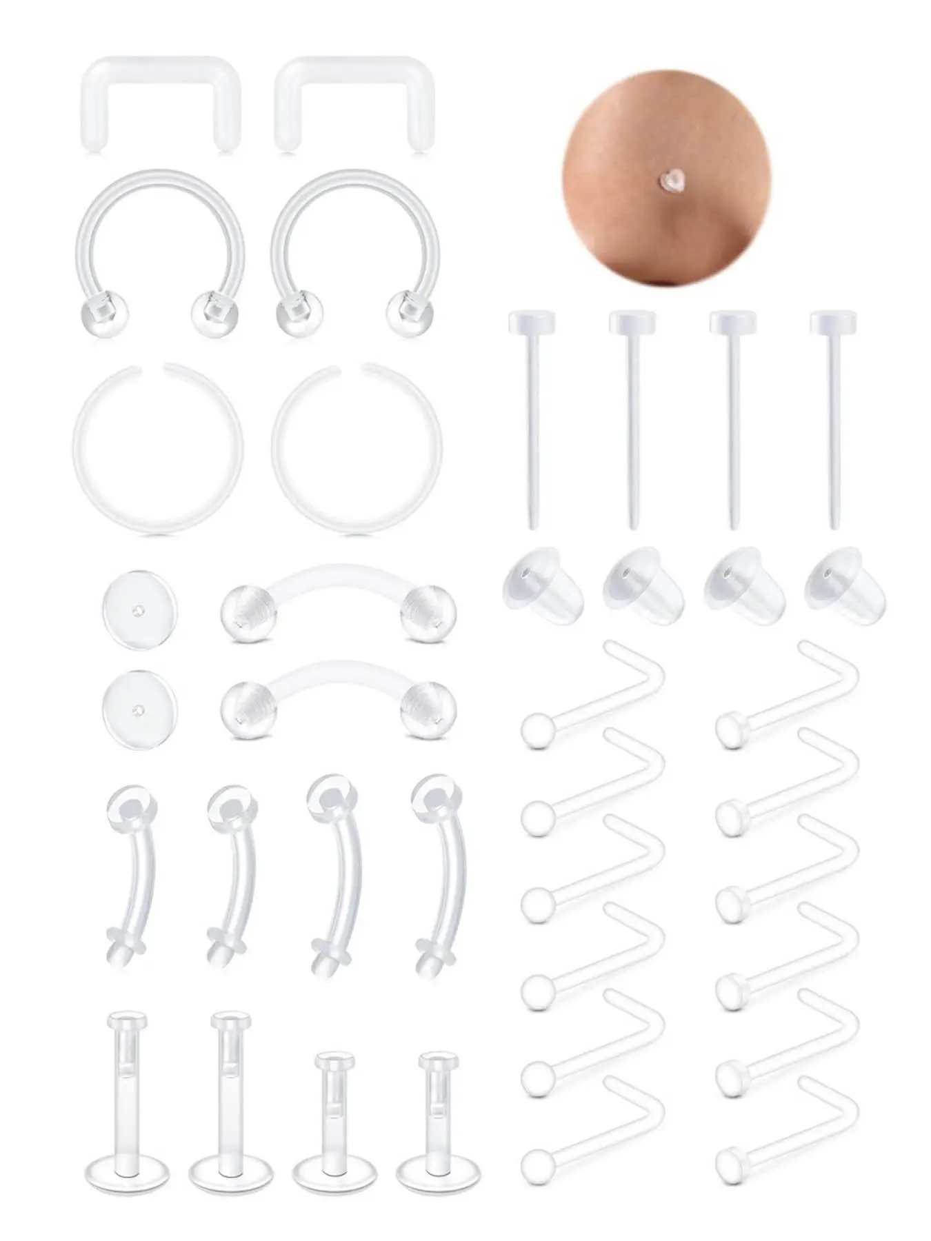 34Pcs Clear Acrylic Piercing Retainer Set Invisible Multi Style Body Piercing Jewelry for Nose Lip Eyebrow Belly Cartilage Healing Work Sports Navel Piercing Jewelry