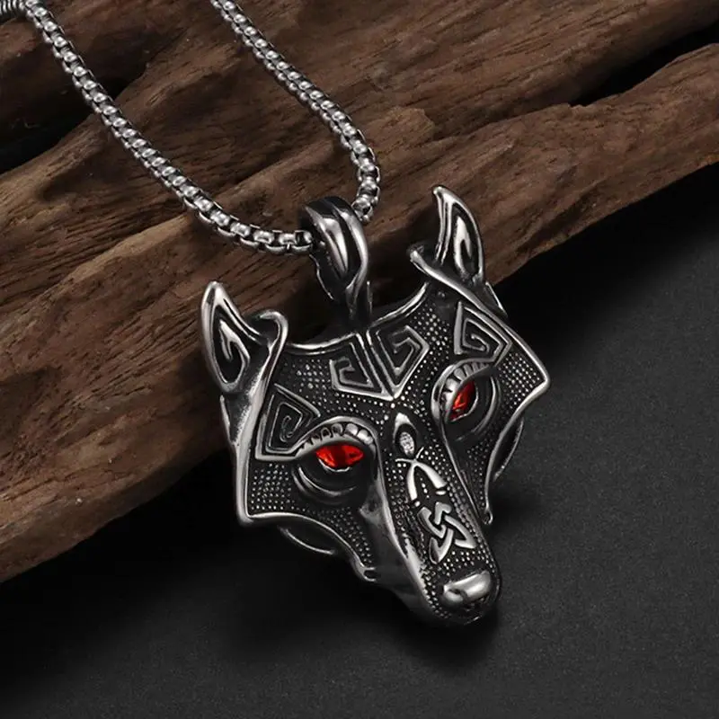 Vintage Celtic Style Red Eyes Wolf Head Pendant Necklace For Men Women Hip Hop Punk Silver Color Box Neck Chain Jewelry Gifts