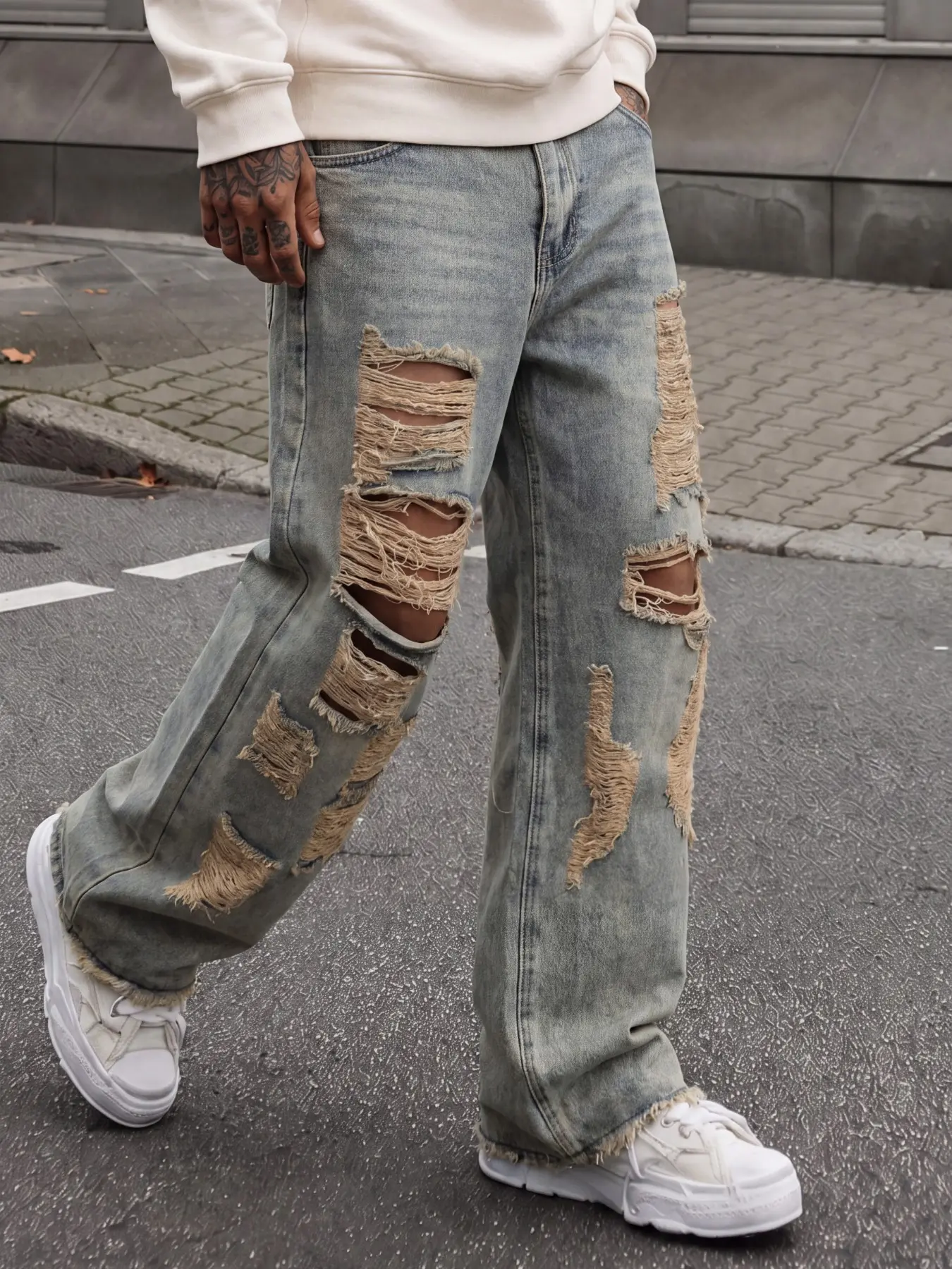 Men's Vintage Washed Loose Oversized Jeans, Heavy Distressed Ripped Wide-Leg Denim Pants, Y2K Skate High Street Style, Casual Street Trendy Design, Versatile for All Seasons