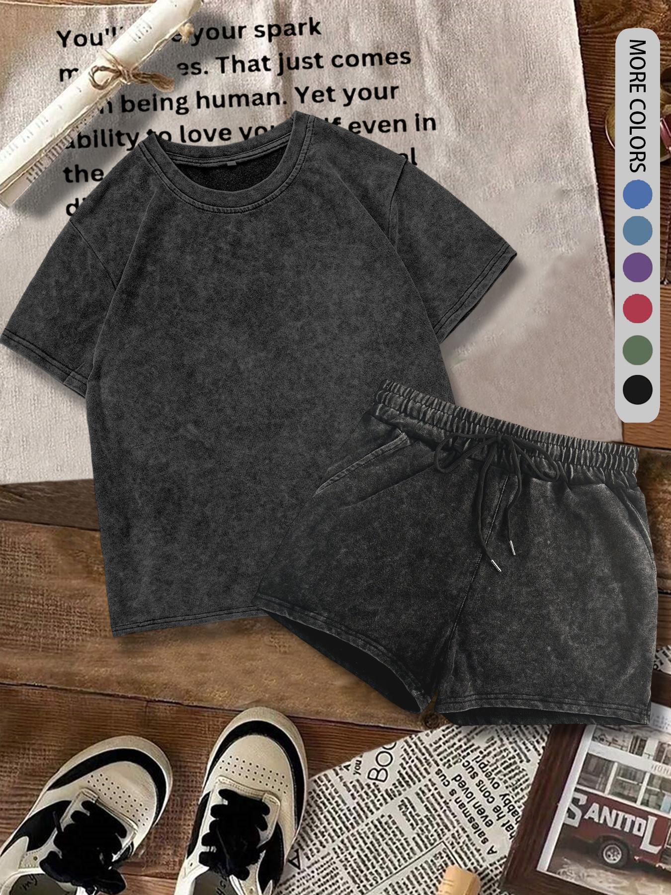 Two-piece Set Women's Solid Color Denim-effect Print Tee & Shorts, Casual Basic Round Neck Short Sleeve T-shirt & Shorts, Ladies Summer Clothes for Daily Wear, Matching Clothing Set