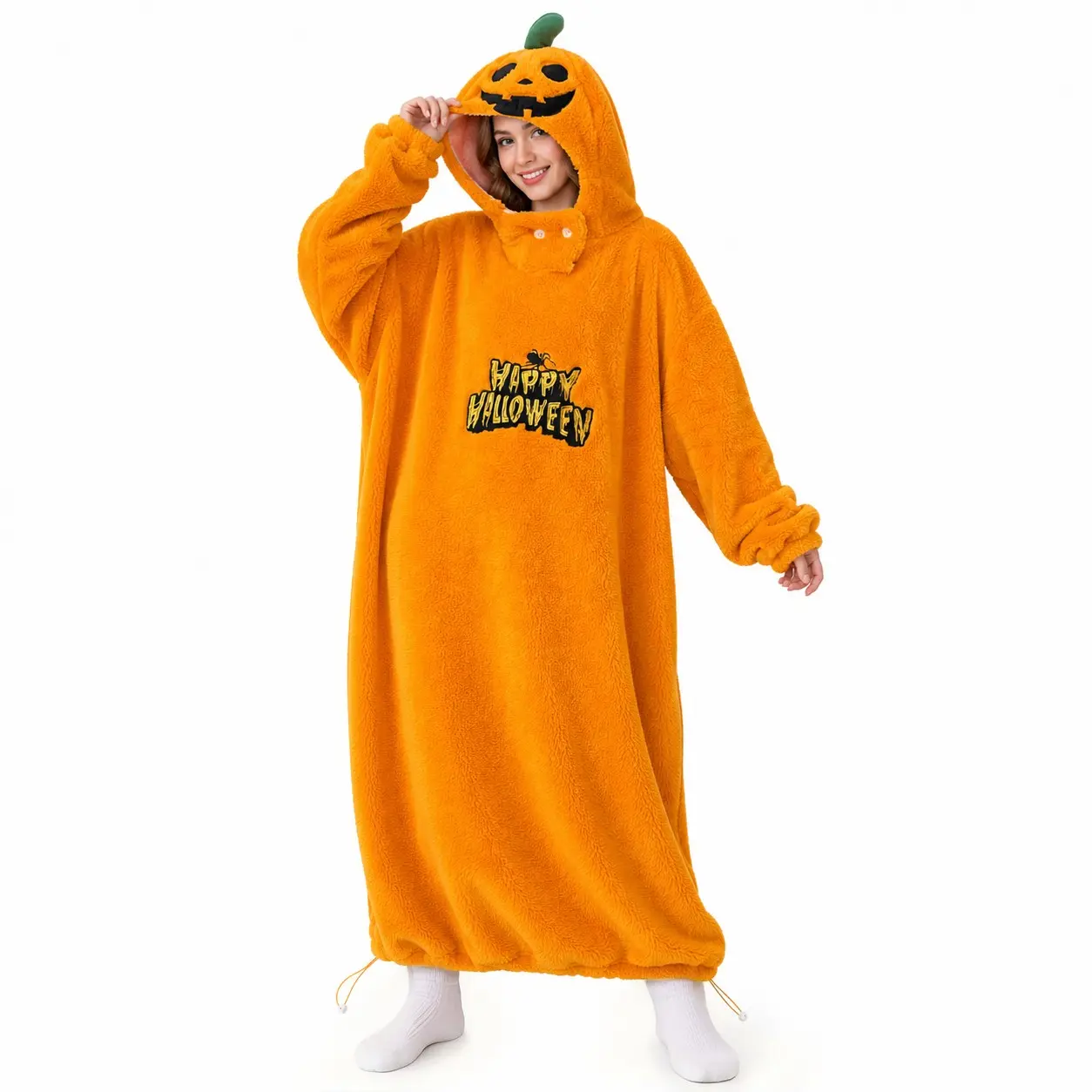 Halloween Pumpkin Wearable Blanket Hooded Hoodie with Hat, Oversized Soft Sherpa Fleece, Cozy Warm Blanket Sweatshirt for Women Men Gifts