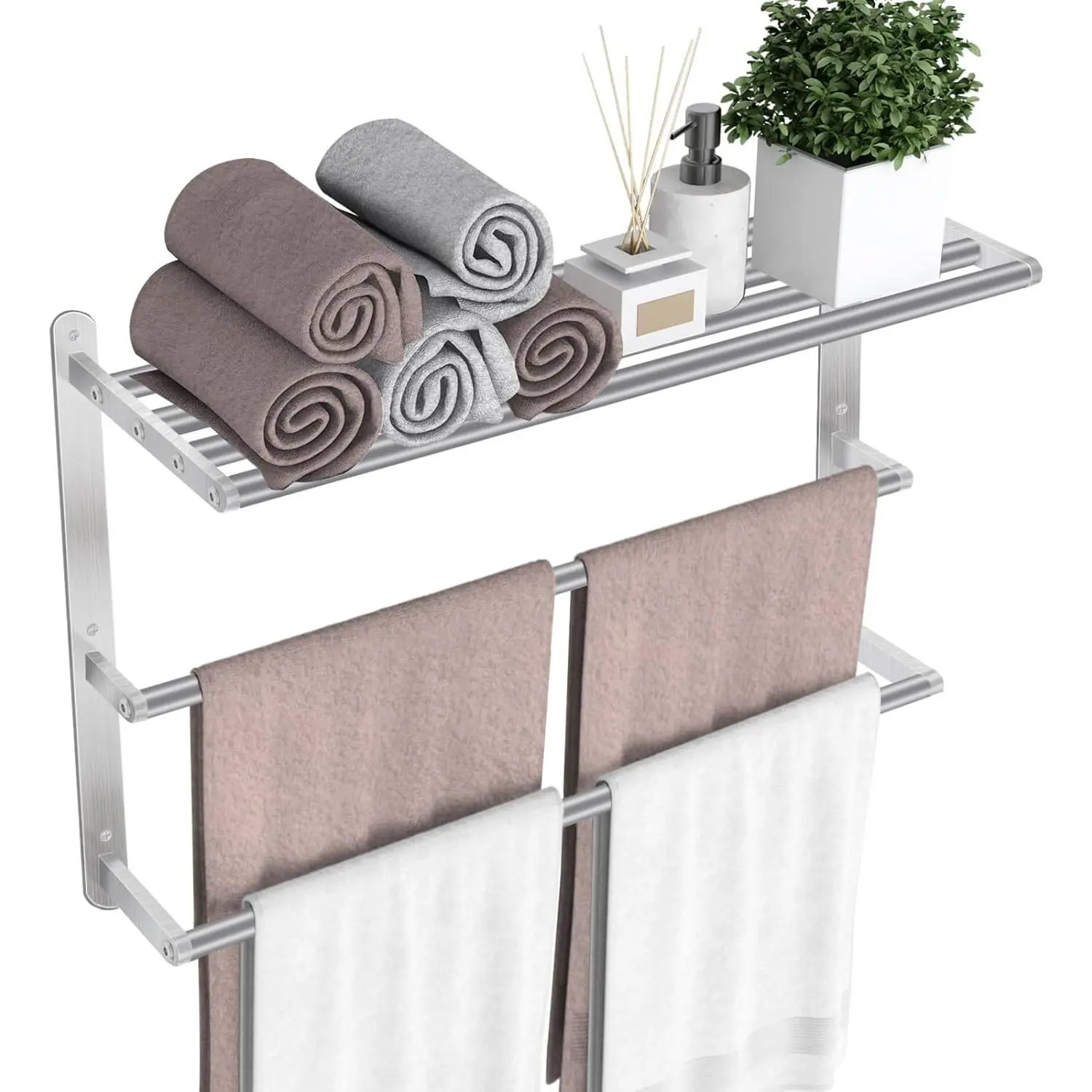 24 inch Towel Racks for Bathroom,  Towel Shelf with Double Towel Bar, Stainless Steel Towel Storage for Lavatory Wall Mounted, 3-Tier Towel Hanger Towel Holder, Brushed Nickel