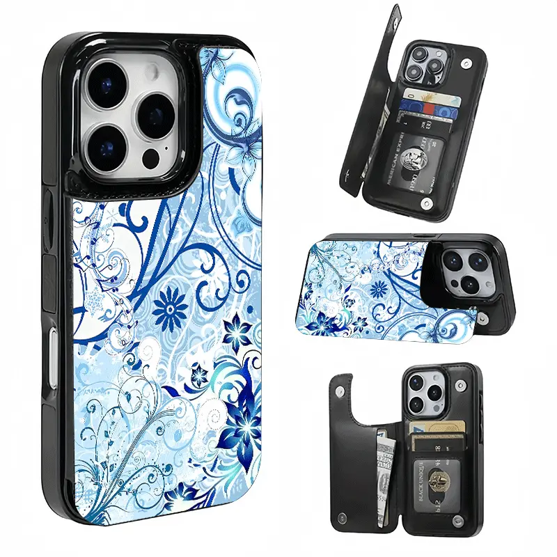 Blue Musical Note Floral Card Holder, This phone case features a card slot function, can store bank cards, transit cards and other cards, suitable for iPhone 17/16/15/14/13/12, and makes a great gift for girls.