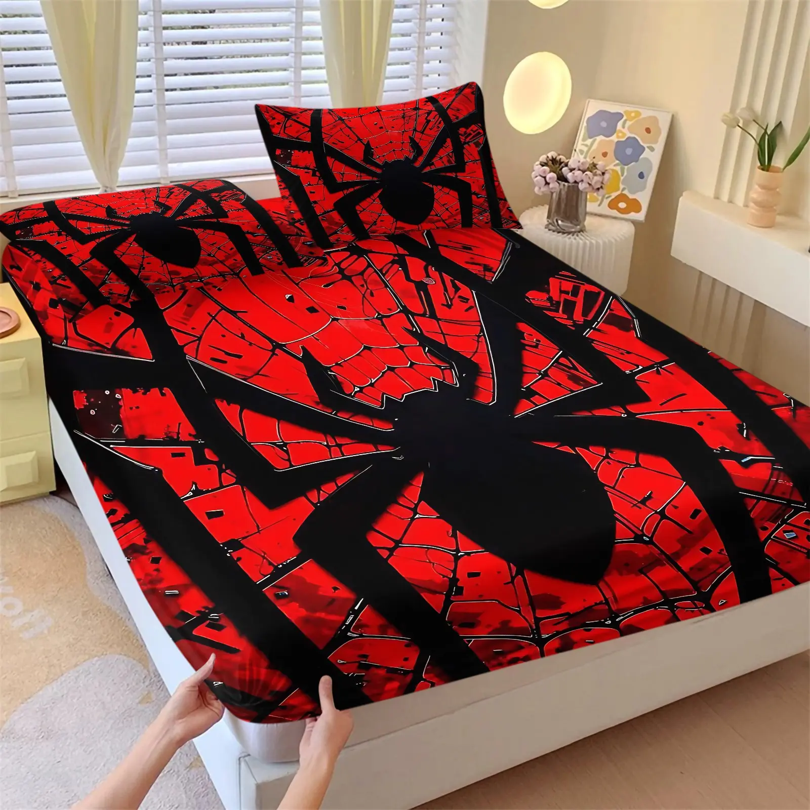 Cool Dark Style Giant Spider Cracked Cobweb Printed Fitted Sheet Set, Printed Bedding Set, Bed Linens, Bedspread and Two Pillowcases, Red-Black Contrast Decor Mattress Cover, Elastic Edged Non-slip Deep Pocket Bed Sheet
