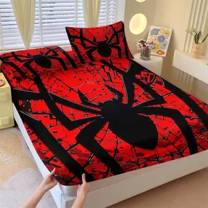 Cool Dark Style Giant Spider Cracked Cobweb Printed All-around Fitted Sheet Set, Include One Bedspread and Two Pillowcases, Striking Red-Black Contrast Unique Decor Mattress Cover, Elastic Edged Non-slip Deep Pocket Bed Sheet