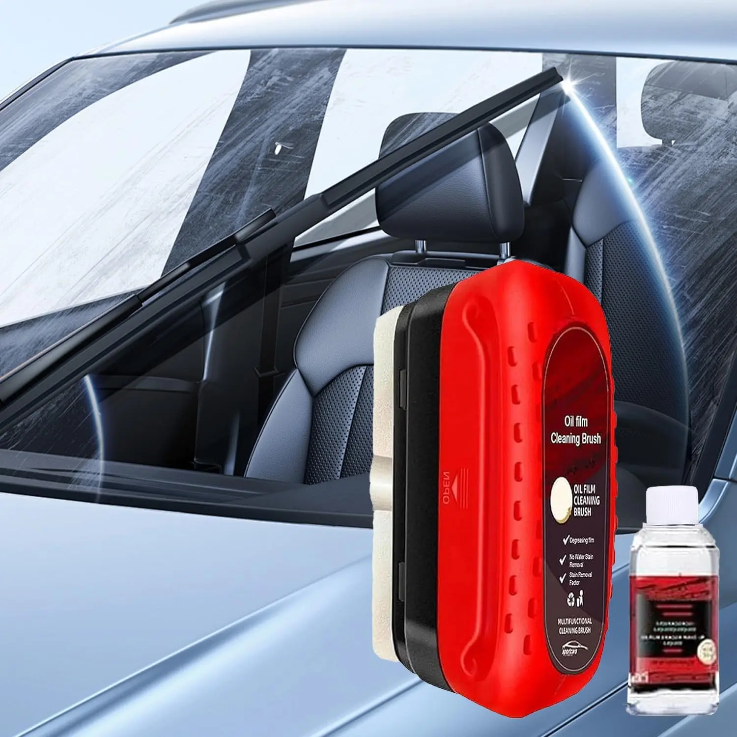 Automotive Oil Film Cleaning Brush for Glass Windshield & Windows – Upgrade 2.0 Kit with Cleaner & Refill, Anti-Rain & Anti-Fog Coating, Windshield Cleaner Tool for Clarity and  Driving (Red)