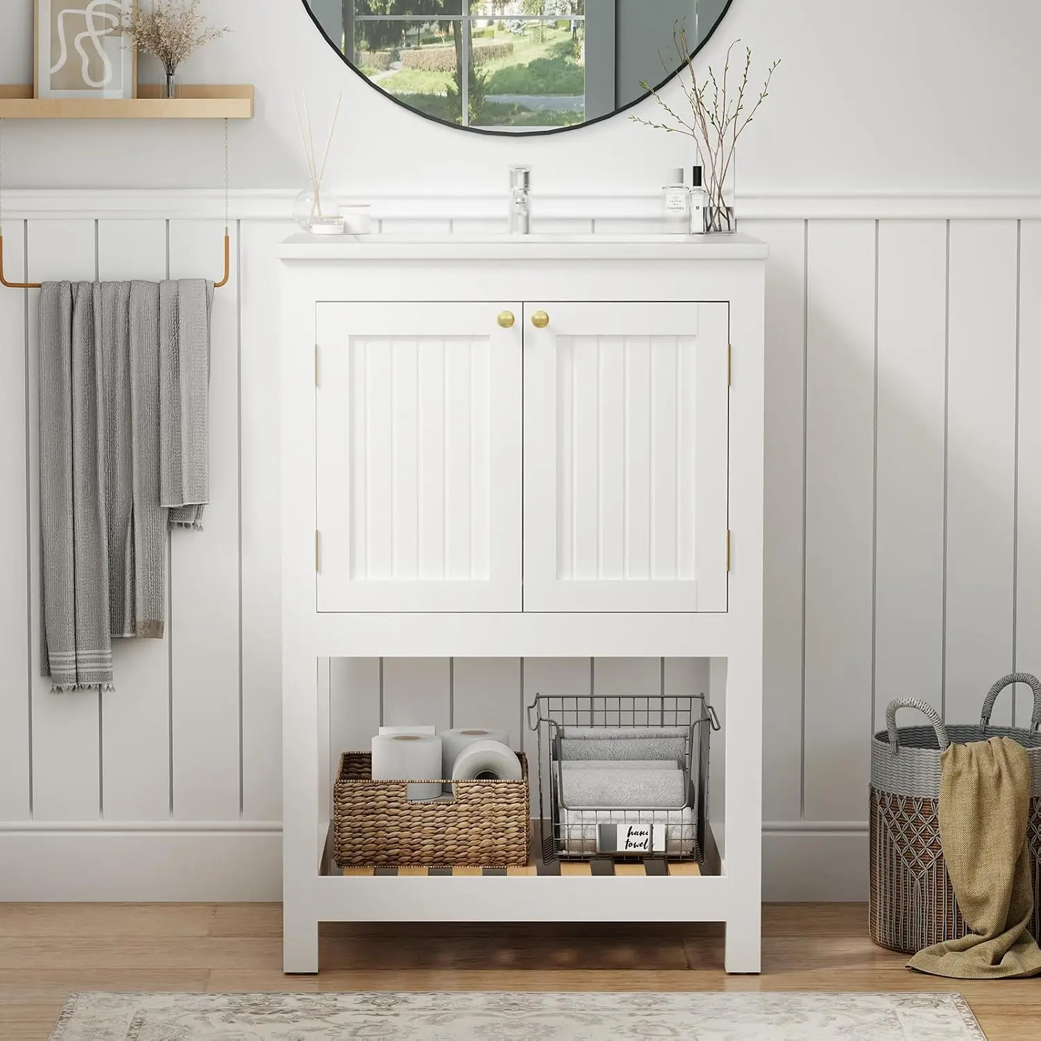 24 Inch Small Bathroom Vanity with Sink, Modern Bathroom Sink Cabinet with Open Shelf, Ceramic Basin, White