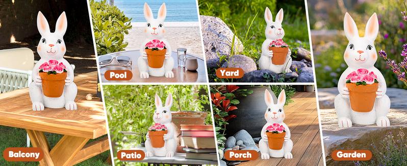 Solar Outdoor Garden Statues- Rabbit with Flowers and 5 Colorful LED Lights, 11.8IN Outdoor Figurine Lights, Solar Garden Bunny Decor for Patio, Unique Gifts for Mom, Birthday, Housewarming