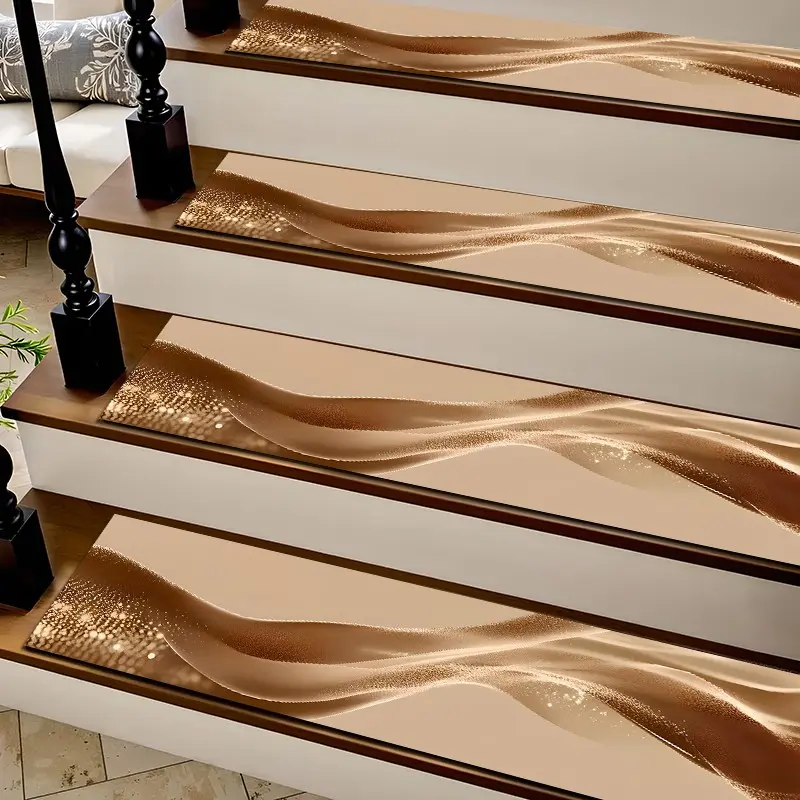 6/8/15pcs Diatom Mud Stair Treads, Super Absorbent Non Slip Carpet Mats for Wood Steps, Quick Drying Moisture Wicking Stair Runners,Modern Neutral Golden Sand Wave Abstract Anti Slip Washable Rugs for Dogs Kids Elderly