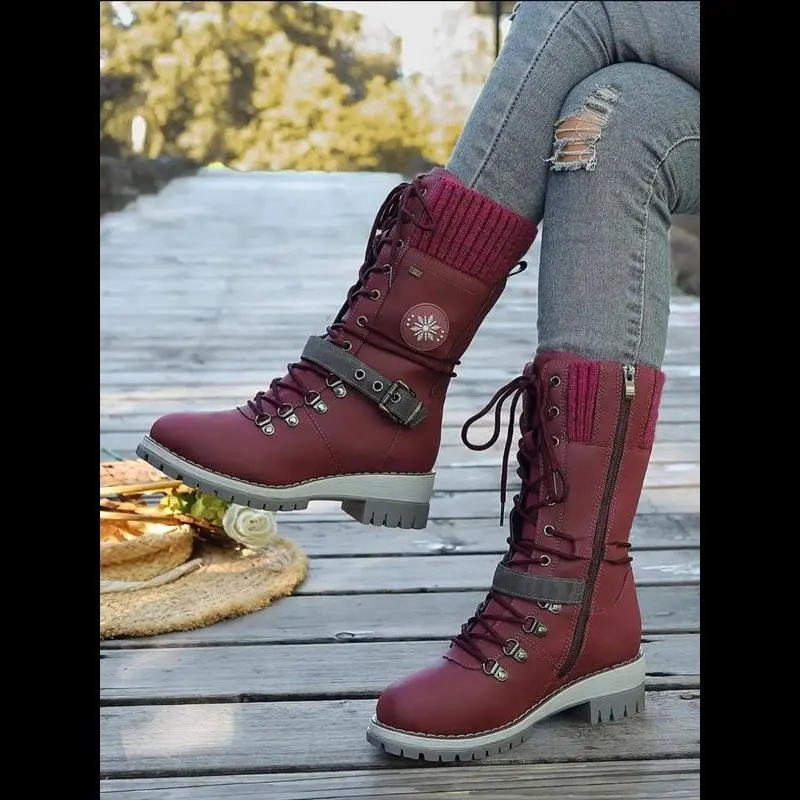 Large Size 35-43 New Style Men Women Front Lace-Up Knight Boots Winter Mid-Calf Round Toe Knit Patchwork Boots